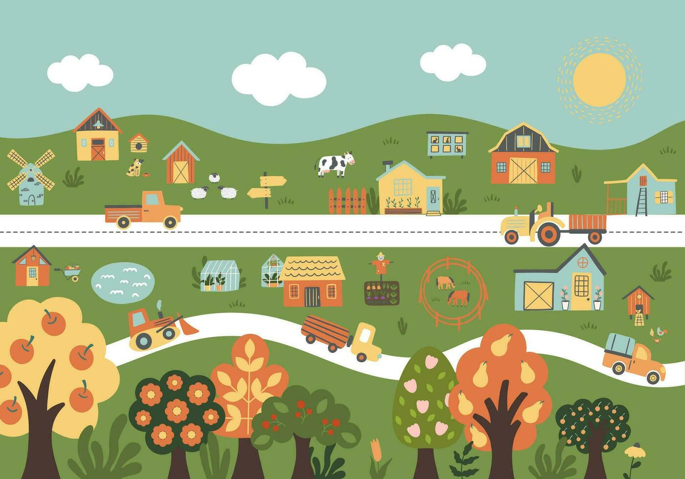Farm wall poster with farmhouses,hills, animals, garden, trees, car, chicken coop. vector