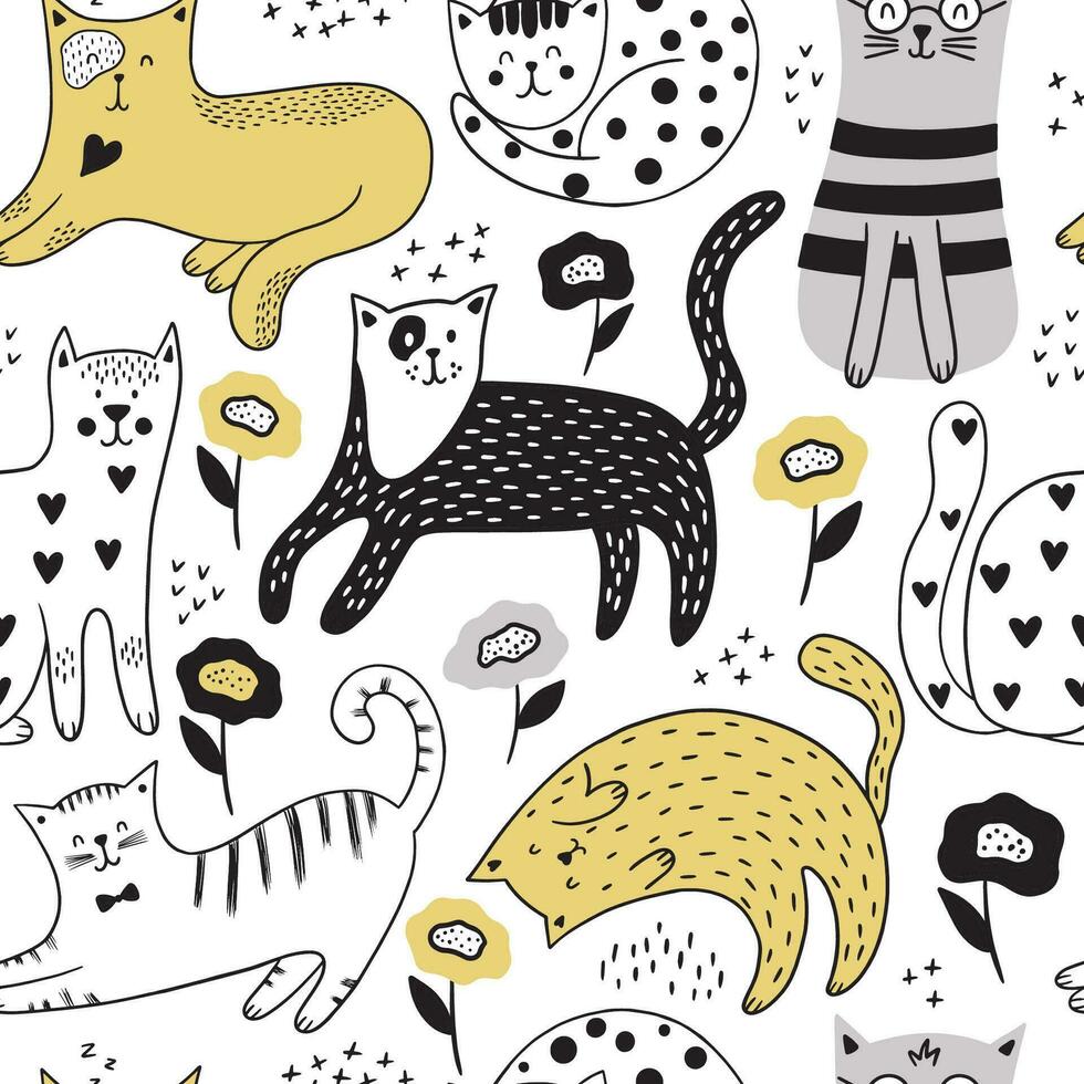 Childish seamless pattern with doodle cats and flowers. vector