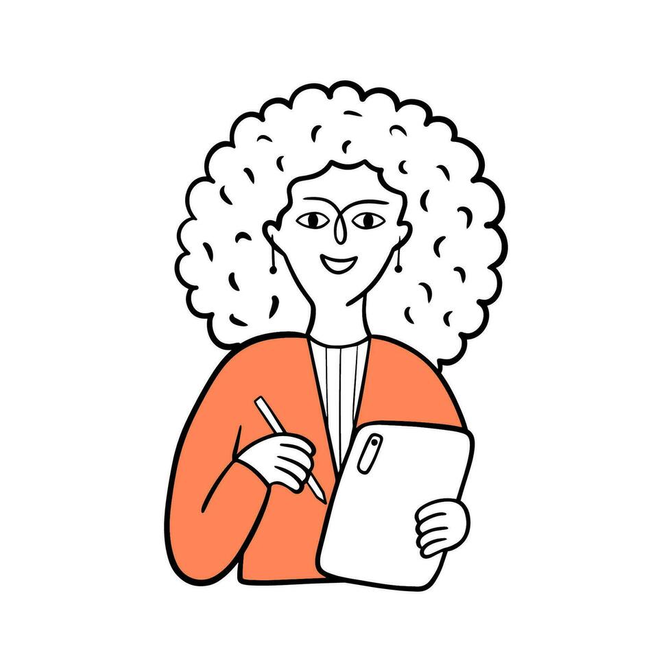 Girl character businesswoman, with a tablet and pen in her hands. vector