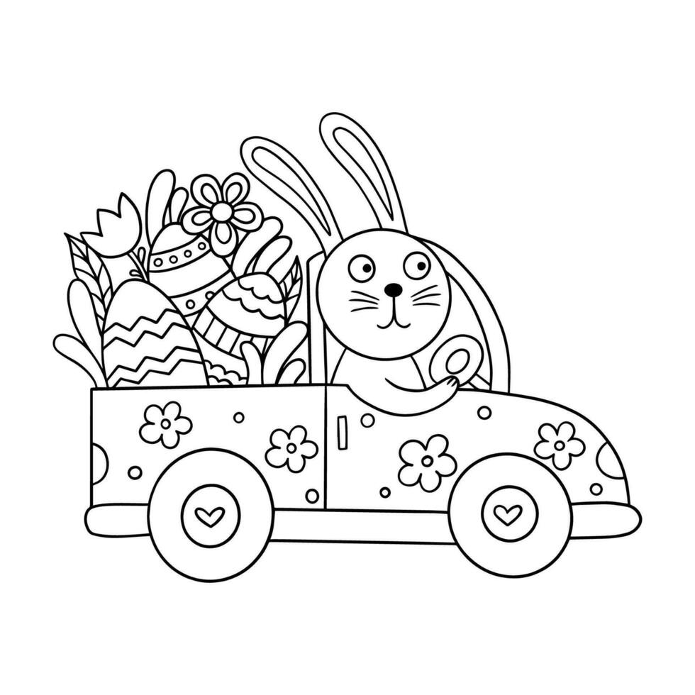 Easter coloring. Vector illustration with a bunny who rides in a car and carries Easter eggs.