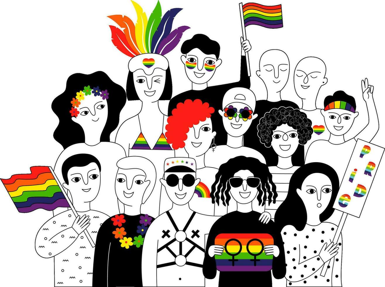 A group of people participating in a Pride parade. vector