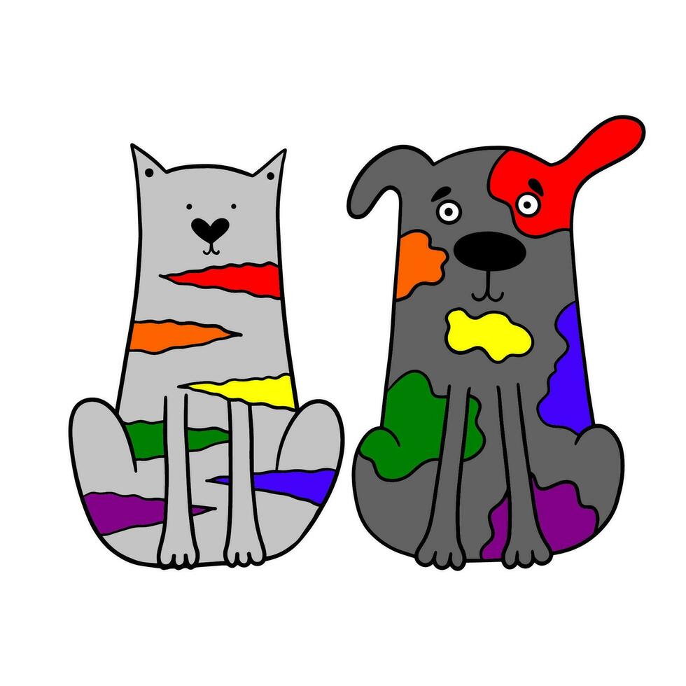 gato y perro con arco iris color. vector