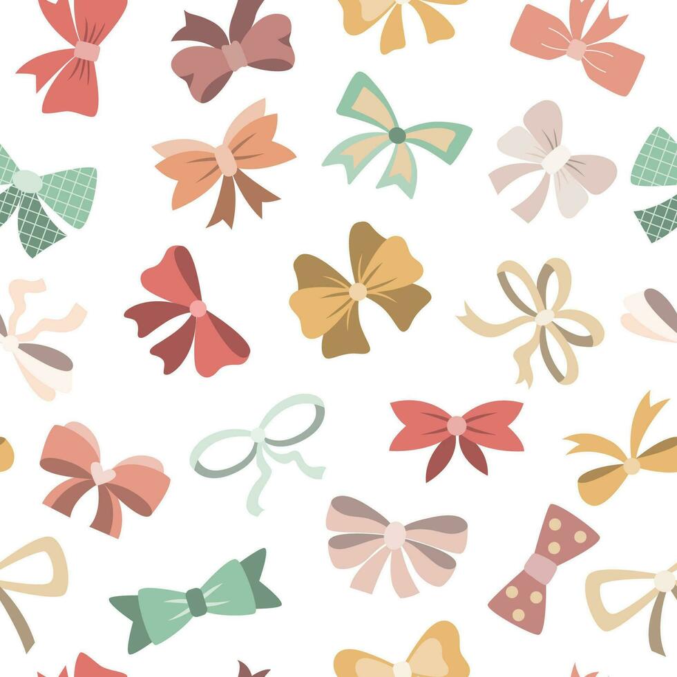 Seamless pattern with colorful ribbon bows in flat style isolated on white background. vector