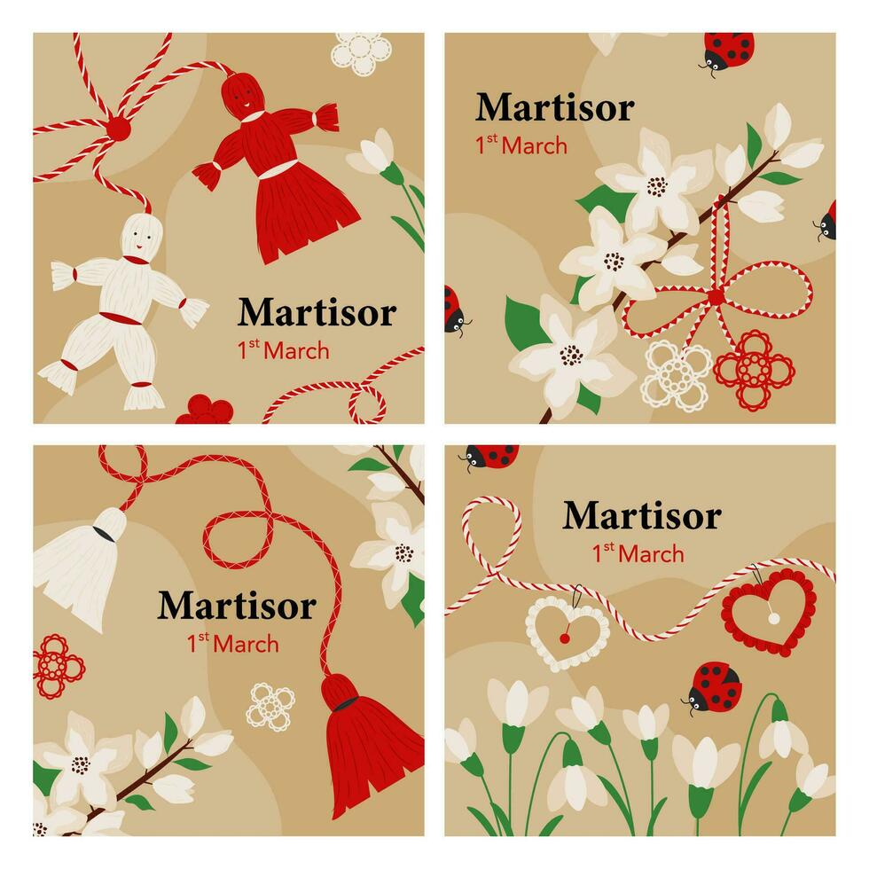 Set of 4 greeting cards for the Bulgarian holiday Baba Marta or Martisor. vector