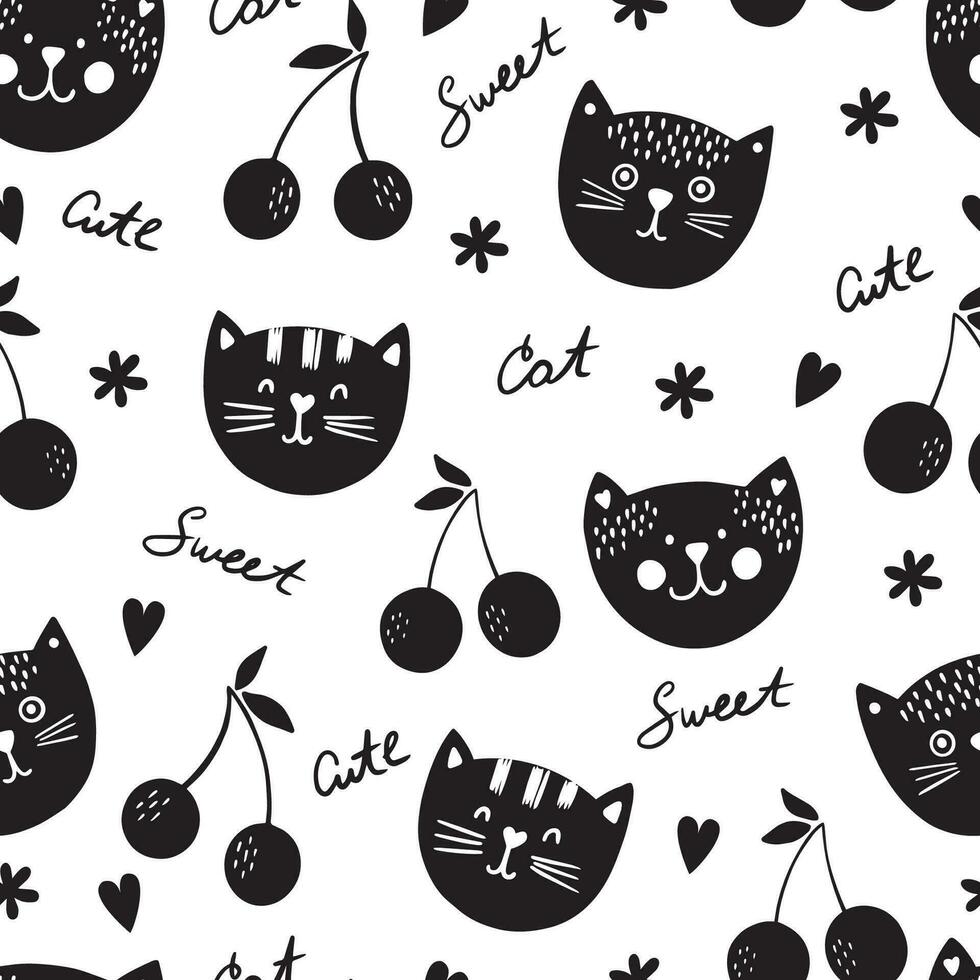 Scandinavian seamless pattern with hand-drawn cats, phrases, hearts and cherries. vector