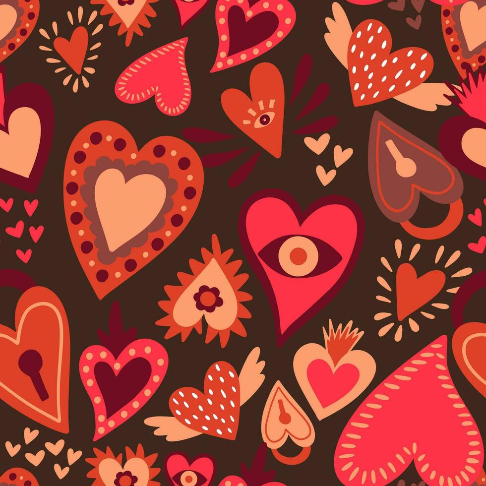 Trendy seamless pattern with hearts in retro style. vector