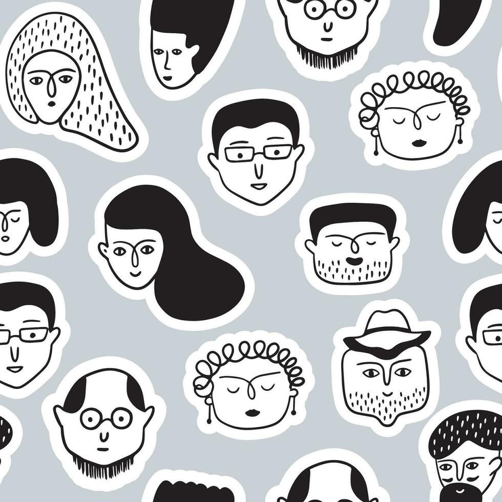 Doodle human faces isolated on gray background. vector