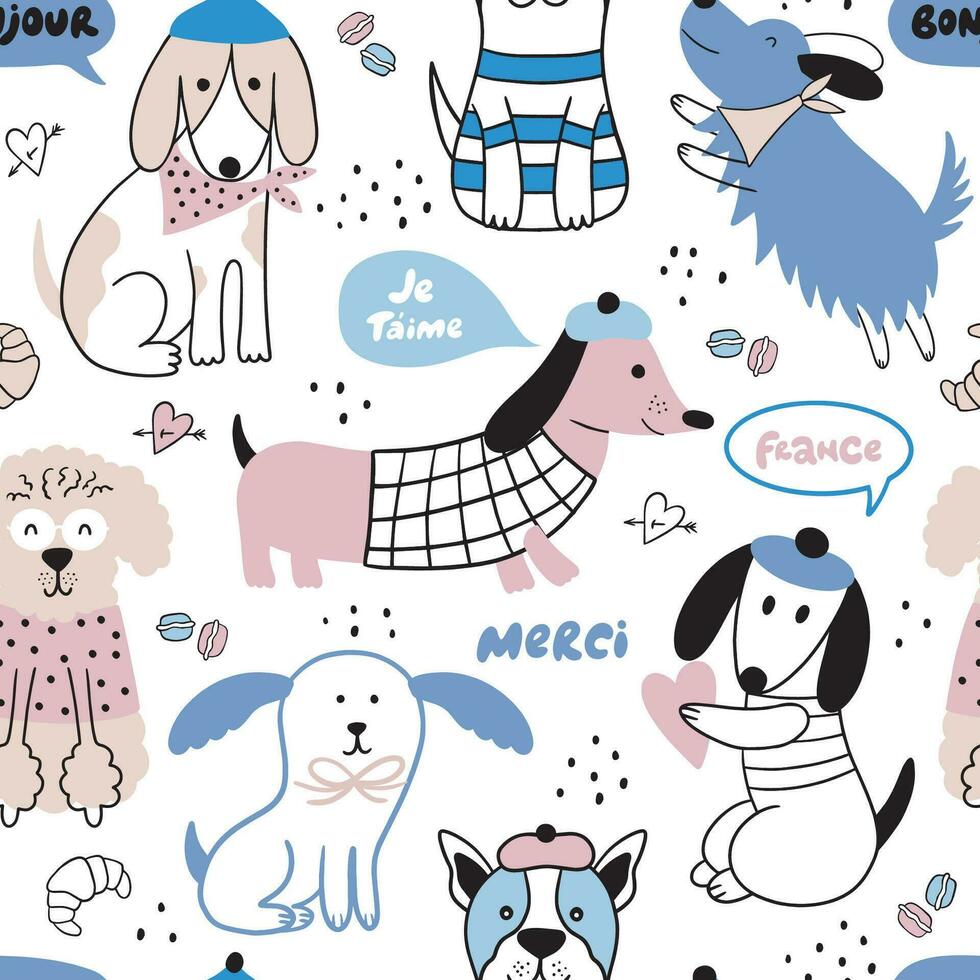 Cute seamless pattern with doodle dogs, short phrases, speech bubbles. vector