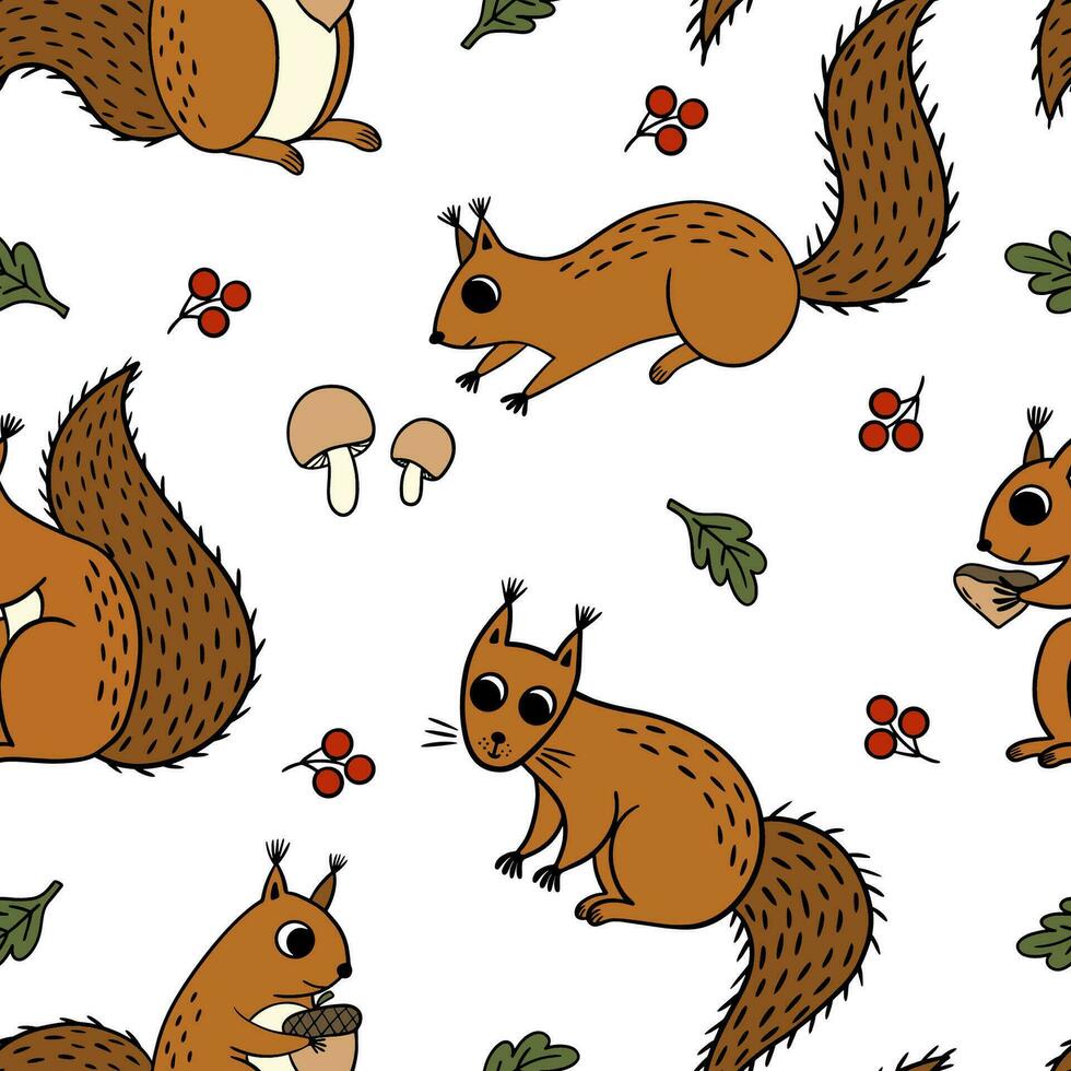 Childish seamless pattern with squirrels, oak leaves, mushrooms, berries. vector