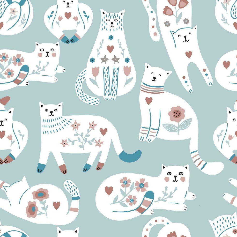 Childish seamless pattern with modern cats and scandi floral. vector