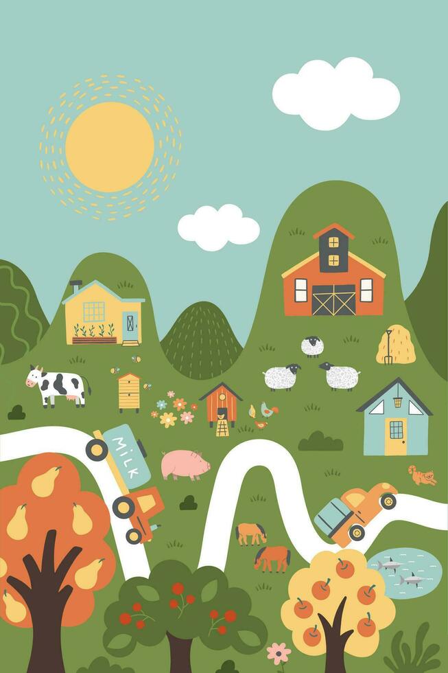 Farm background with farmhouses, animals, chicken coop, trees, road, cars. vector