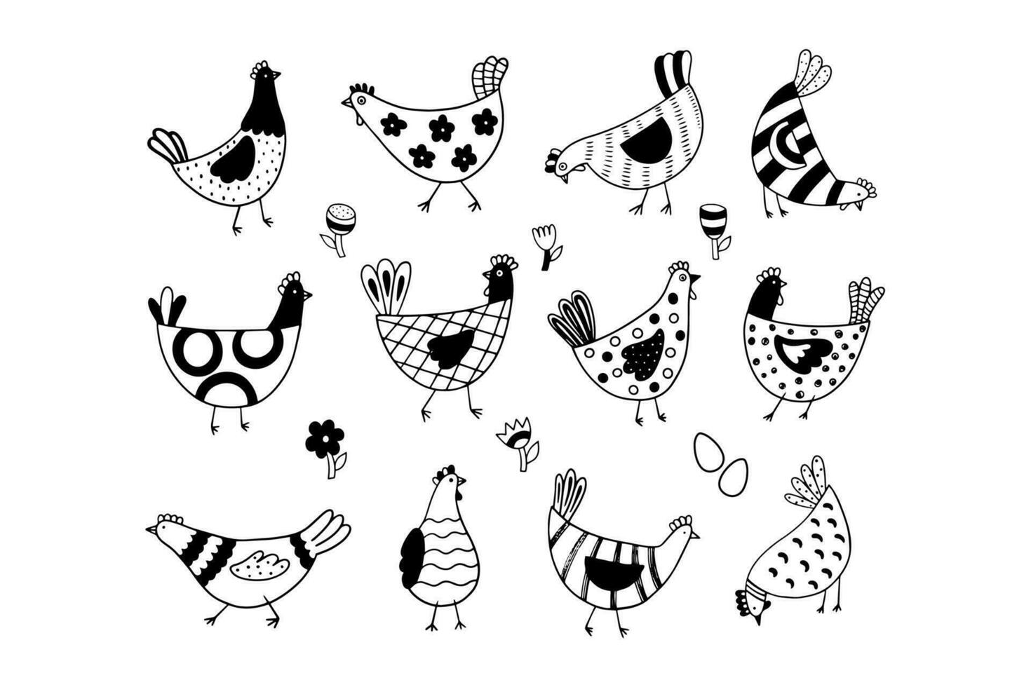 Modern set with hens, eggs and flowers. vector