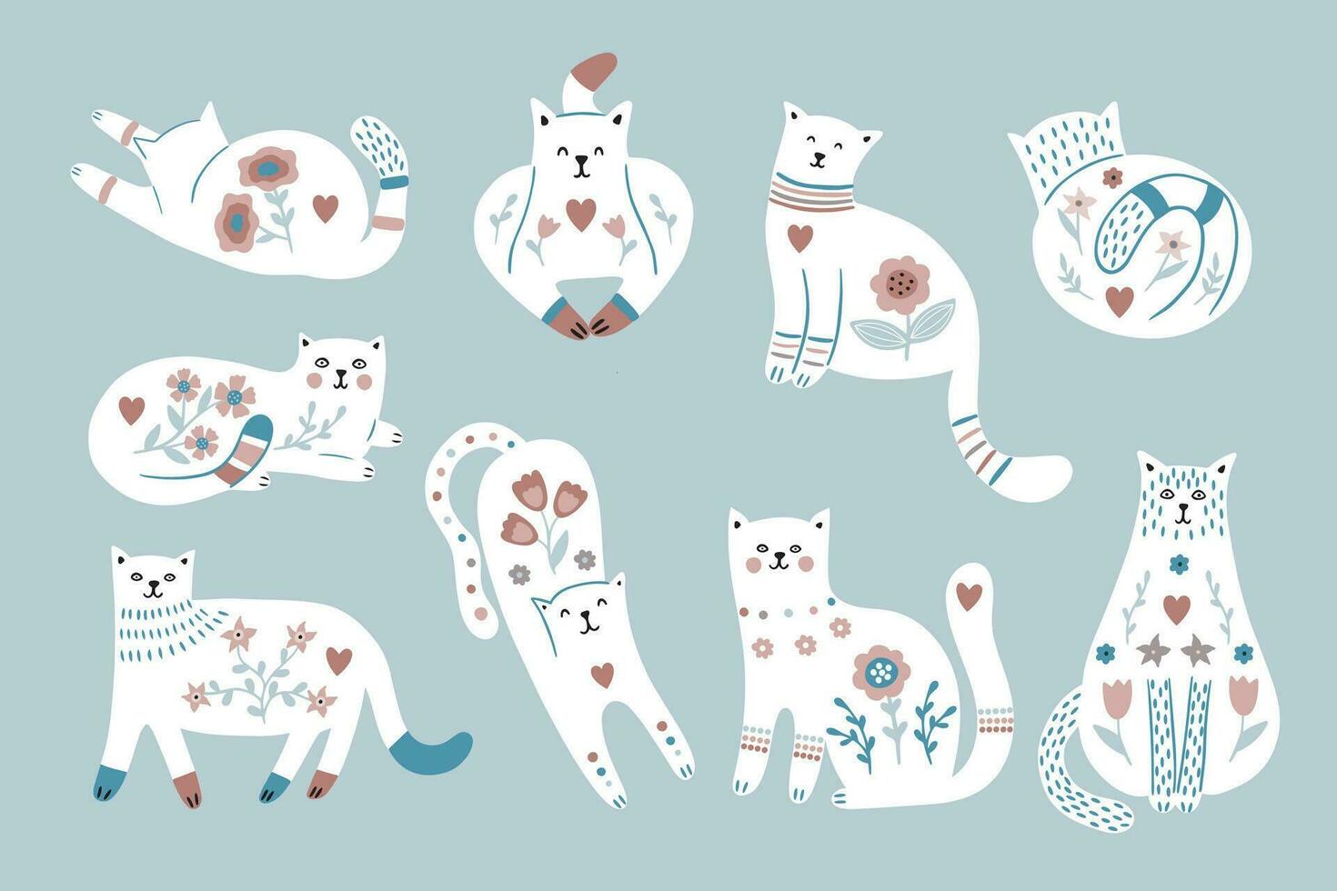 Set of modern cats with floral texture. vector