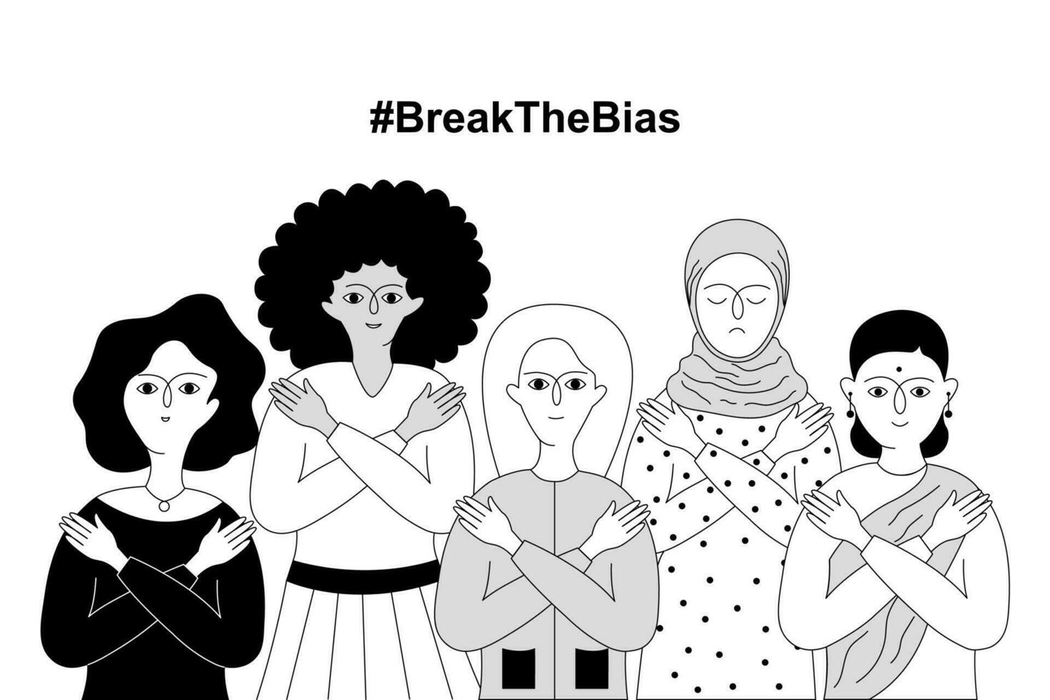 Break the bias. Women of different nationalities stand with their arms crossed. vector