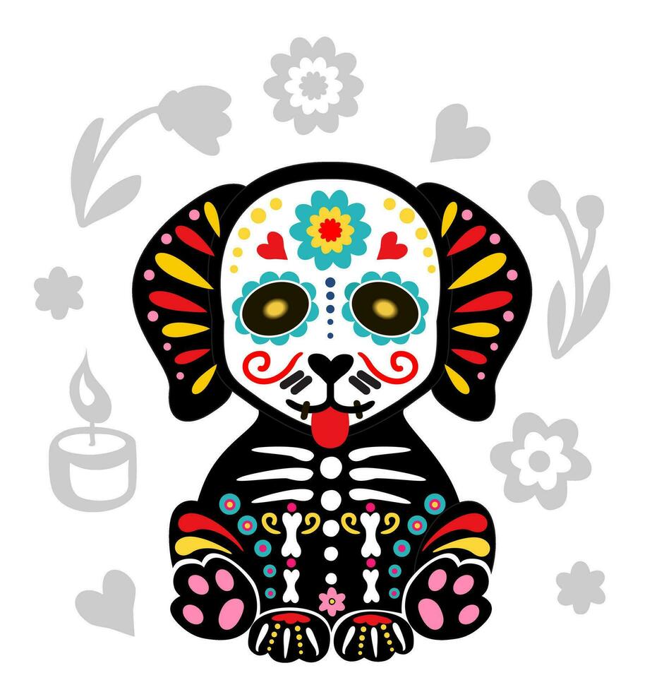 día de el muerto, dia Delaware los muertos, animal cráneo y esqueleto decorado con mexicano elementos y flores perrito esqueleto. perro esqueleto vector