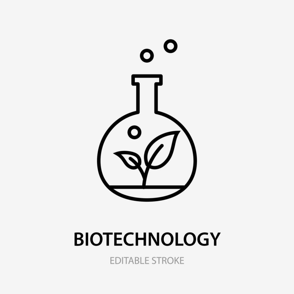 Laboratory flask with plant. Biology plant research experiment. Biotechnology concept. Chemical science line vector Icon