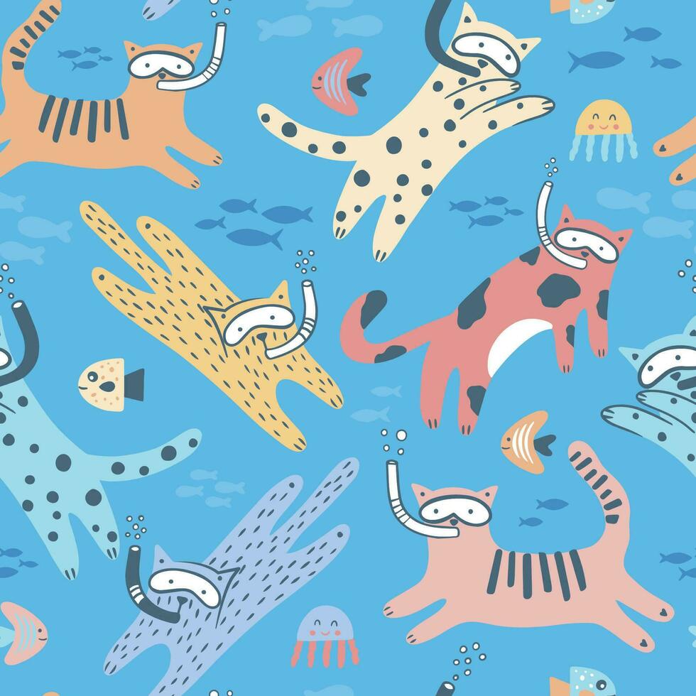 Summer background with cats and fish. vector