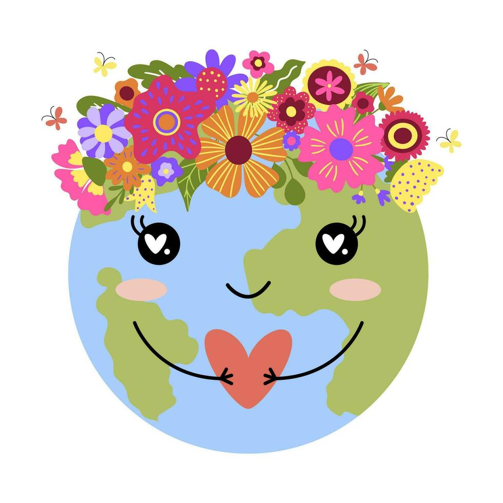 Cute cartoon funny kawaii Earth character with wreath of flowers. vector