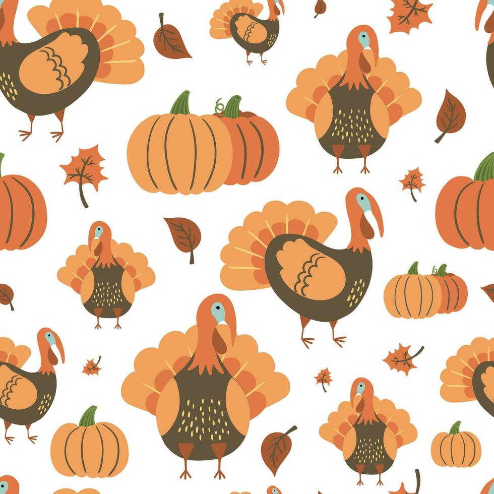 Autumn seamless pattern with turkey bird, pumpkins and leaves. vector