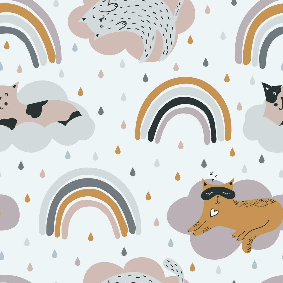 Cute cats sleeping on the clouds. vector