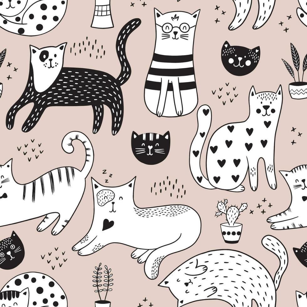 Childish seamless pattern with doodle cats and plants. vector