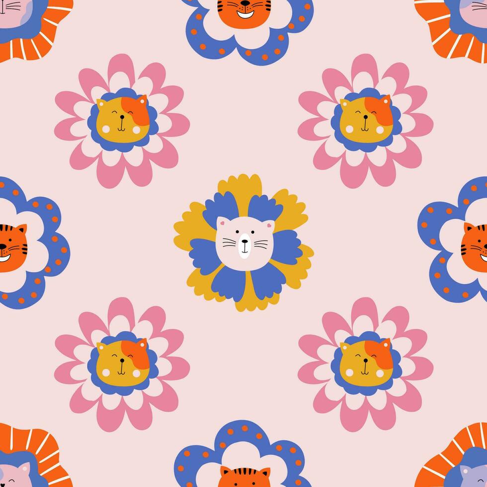 Nursery seamless pattern with cats and flowers. vector