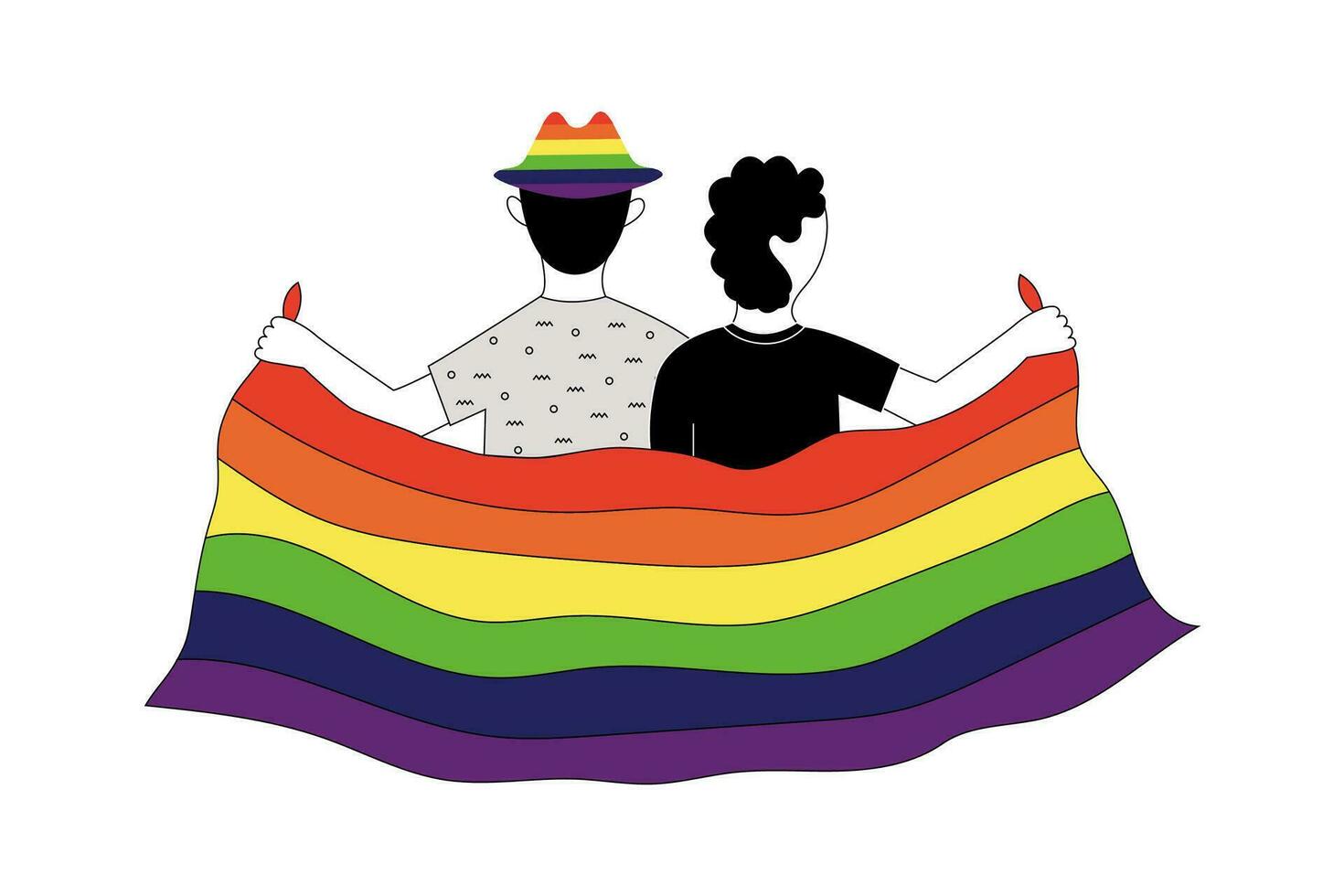 A gay couple holding a rainbow LGBT flag. vector