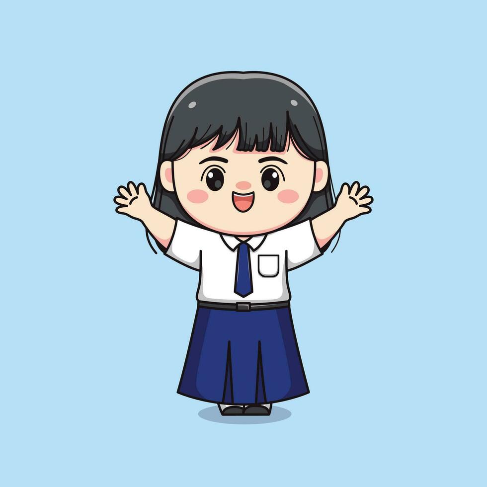 cute junior high school student girl hands up chibi kawaii vector