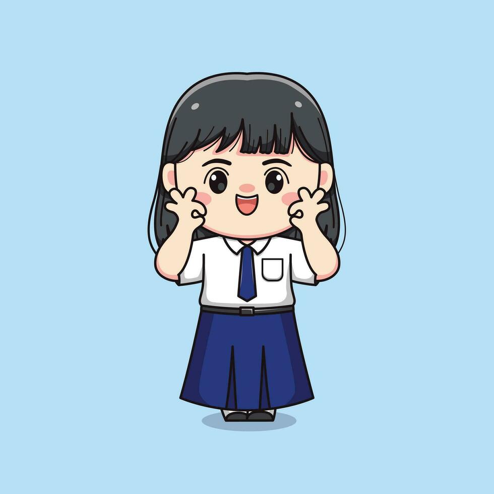 cute junior high school student girl with ok sign chibi kawaii vector