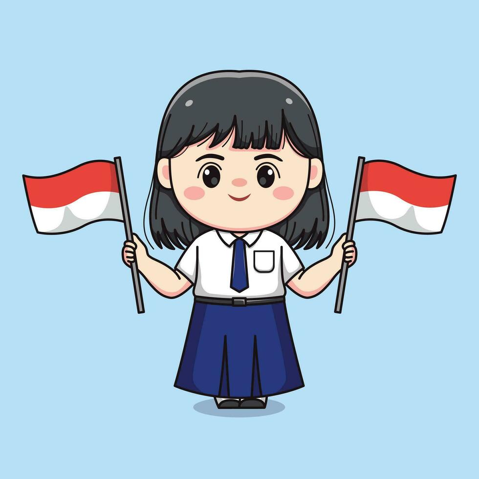 cute junior high school student girl holding indonesian flag chibi kawaii vector