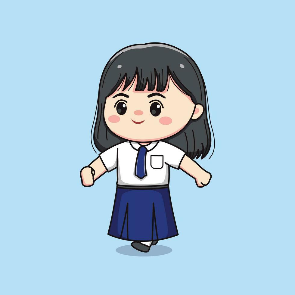 cute junior high school student girl walking chibi kawaii vector