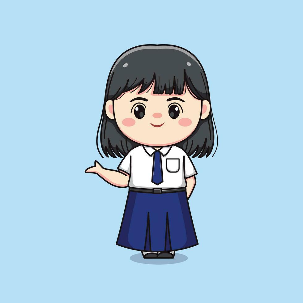 cute junior high school student girl greeting chibi kawaii vector