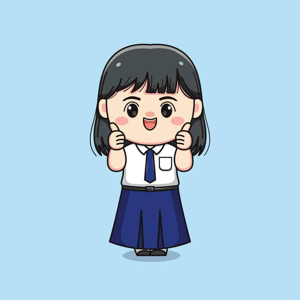 linda júnior alto colegio estudiante niña pulgar arriba bueno firmar chibi kawaii vector