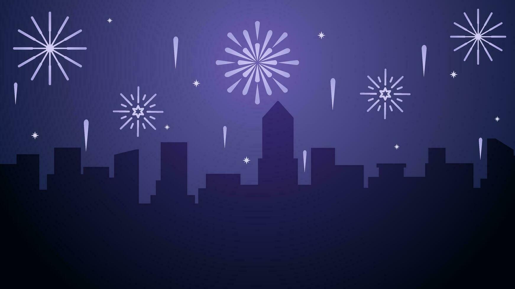 New year cityscape vector illustration. City silhouette with sparkling fireworks in new year event. New year landscape for illustration, background or wallpaper. Urban firework festival