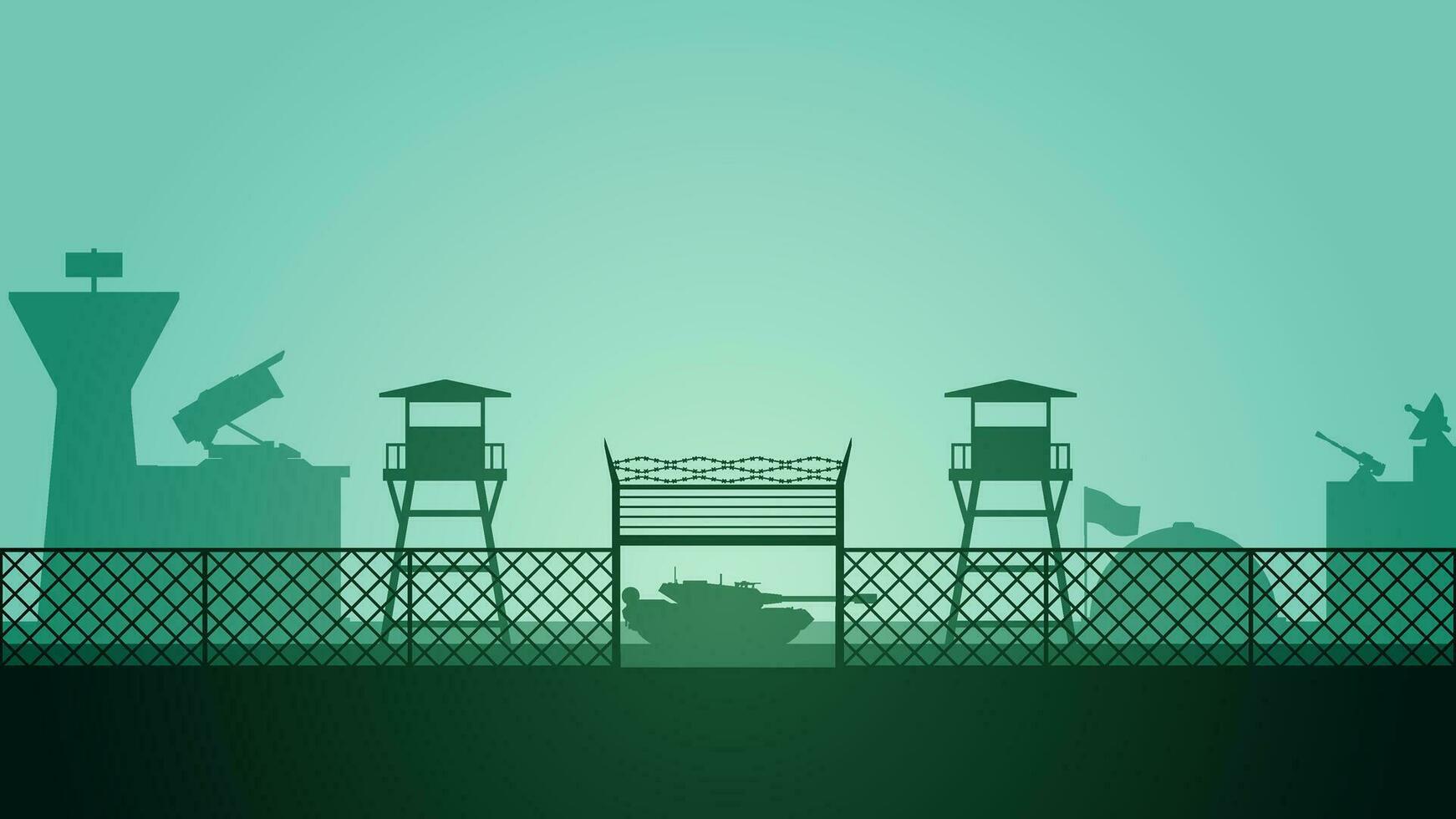 Military base landscape vector illustration. Silhouette of military base gate with tank and watchtower. Military landscape for background, wallpaper or illustration. Army training field illustration