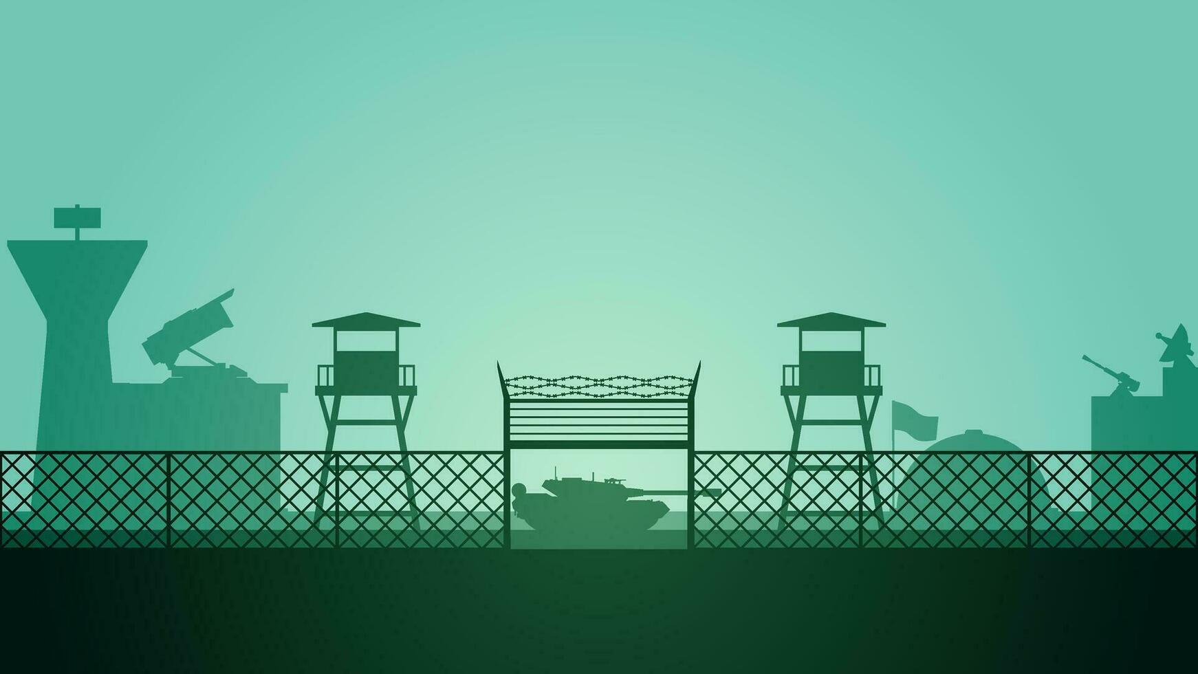 Military base landscape vector illustration. Silhouette of military base gate with tank and watchtower. Military landscape for background, wallpaper or illustration. Army training field illustration