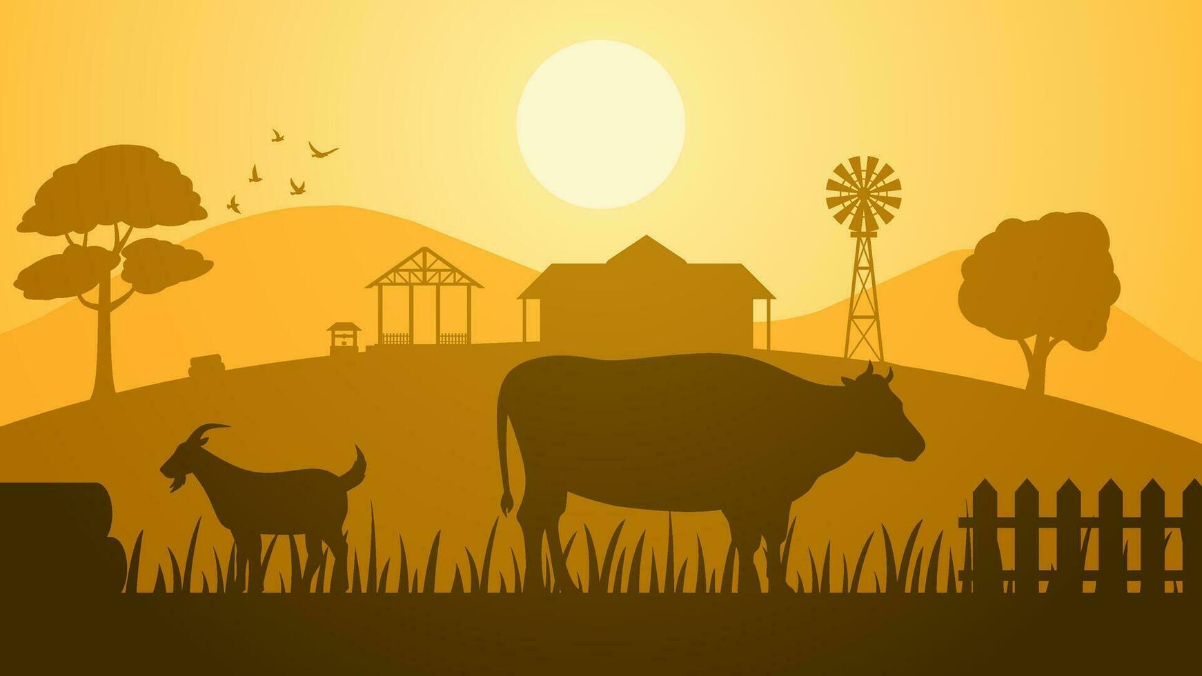 tierras de cultivo paisaje vector ilustración. campo silueta con ganado vaca y cabra. rural agricultura paisaje para ilustración, antecedentes o fondo de pantalla