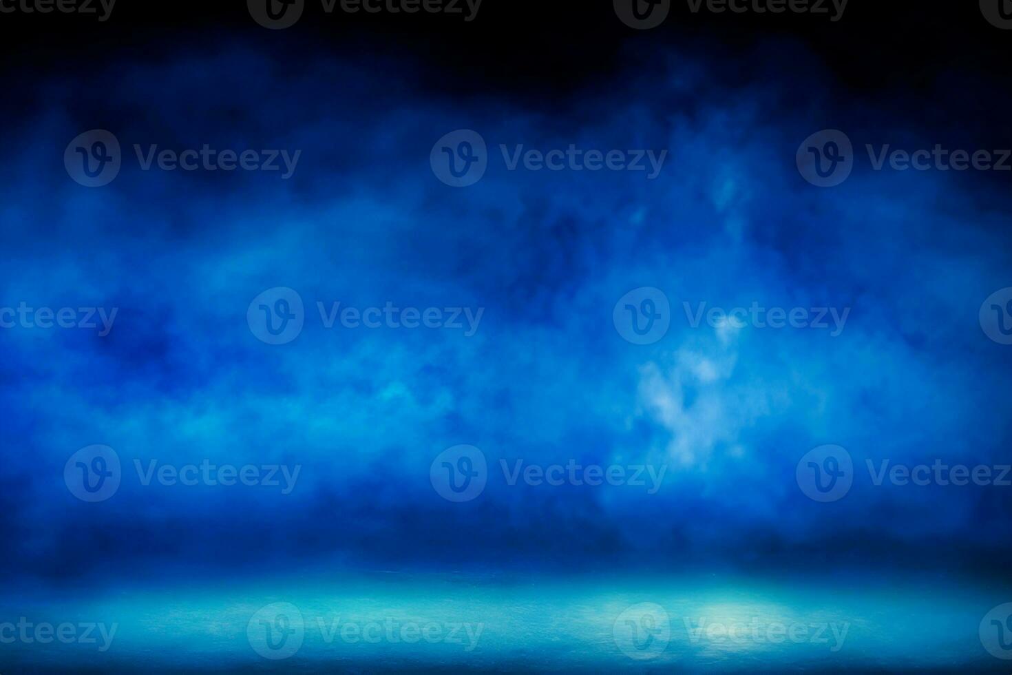 Empty space studio dark room with blue lighting effect and fog in black background. photo
