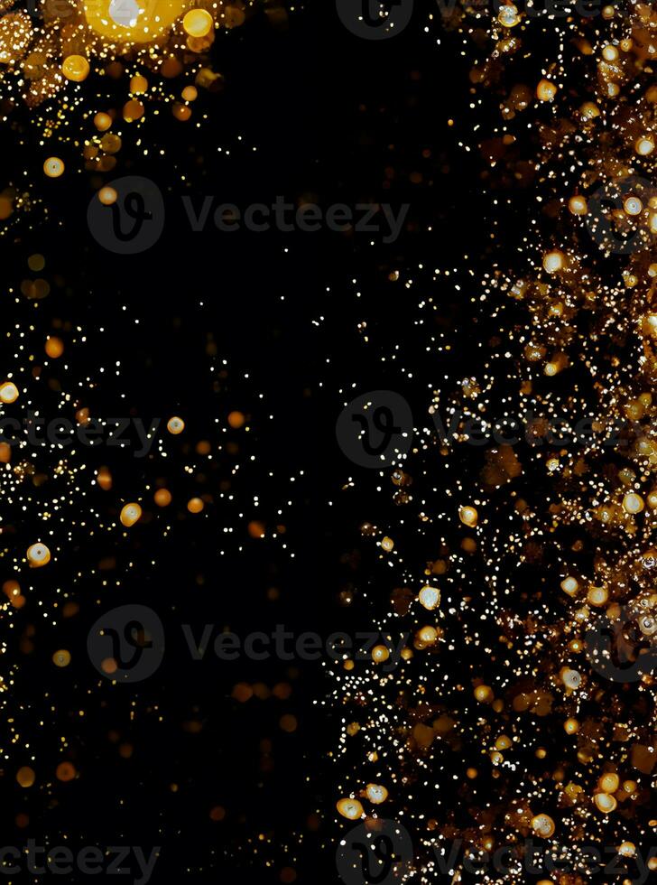 Black background with golden sparkles. Concept for festive background or for project photo