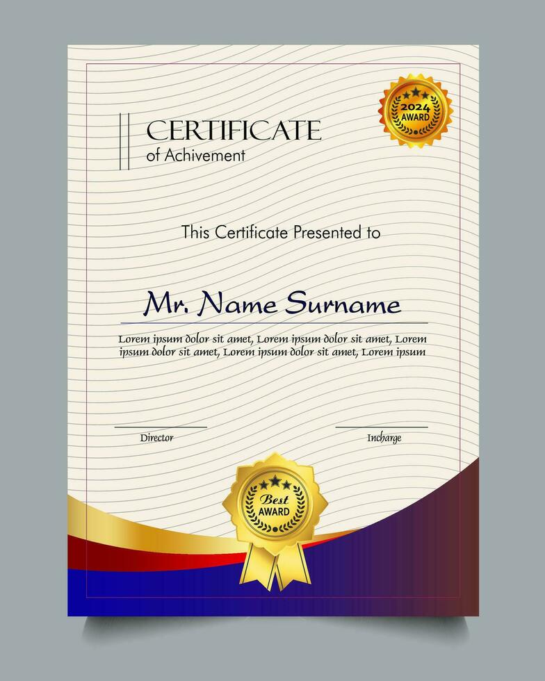 Certificate of achievement template set with gold badge and border, Appreciation and Achievement Certificate Template Design. Elegant diploma certificate template vector