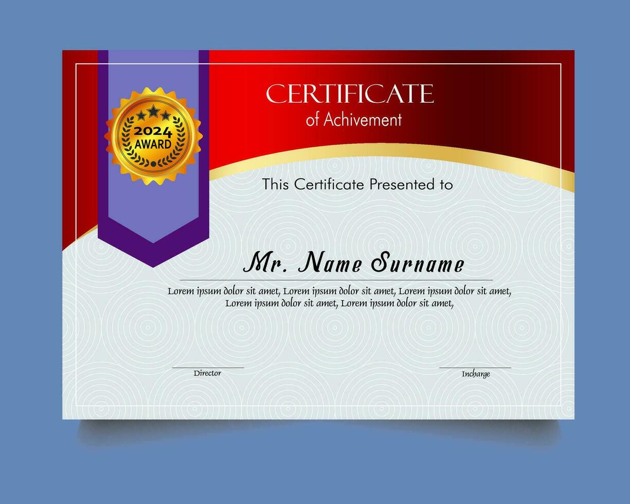 certificado de logro modelo conjunto con oro Insignia y borde, apreciación y logro certificado modelo diseño. elegante diploma certificado modelo vector