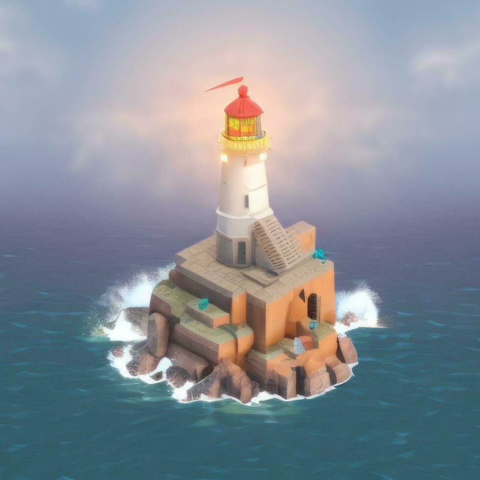 AI generated Isometric 3D Lighthouse Building in the Middle of Ocean Icon Clip Art Sticker Decoration Simple Background photo