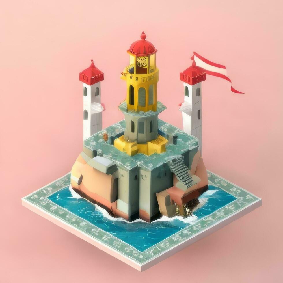 AI generated Isometric 3D Lighthouse Building in the Middle of Ocean Icon Clip Art Sticker Decoration Simple Background photo