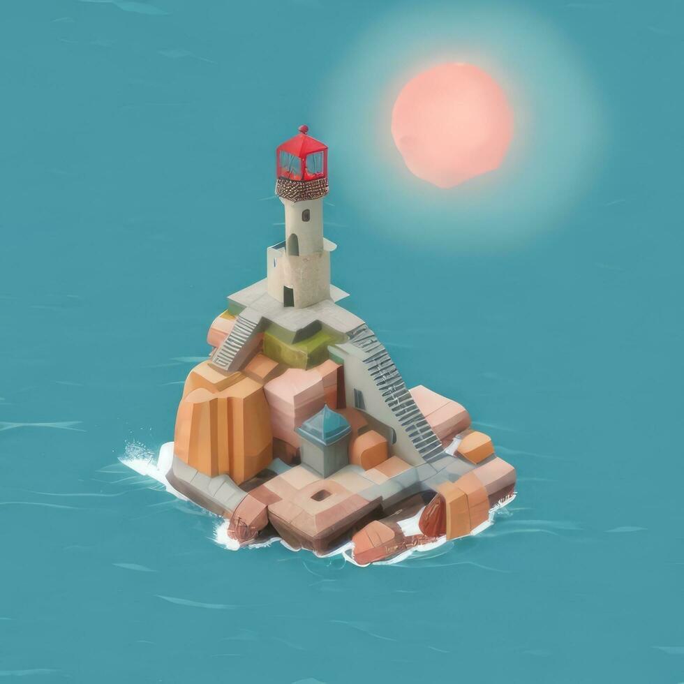 AI generated Isometric 3D Lighthouse Building in the Middle of Ocean Icon Clip Art Sticker Decoration Simple Background photo