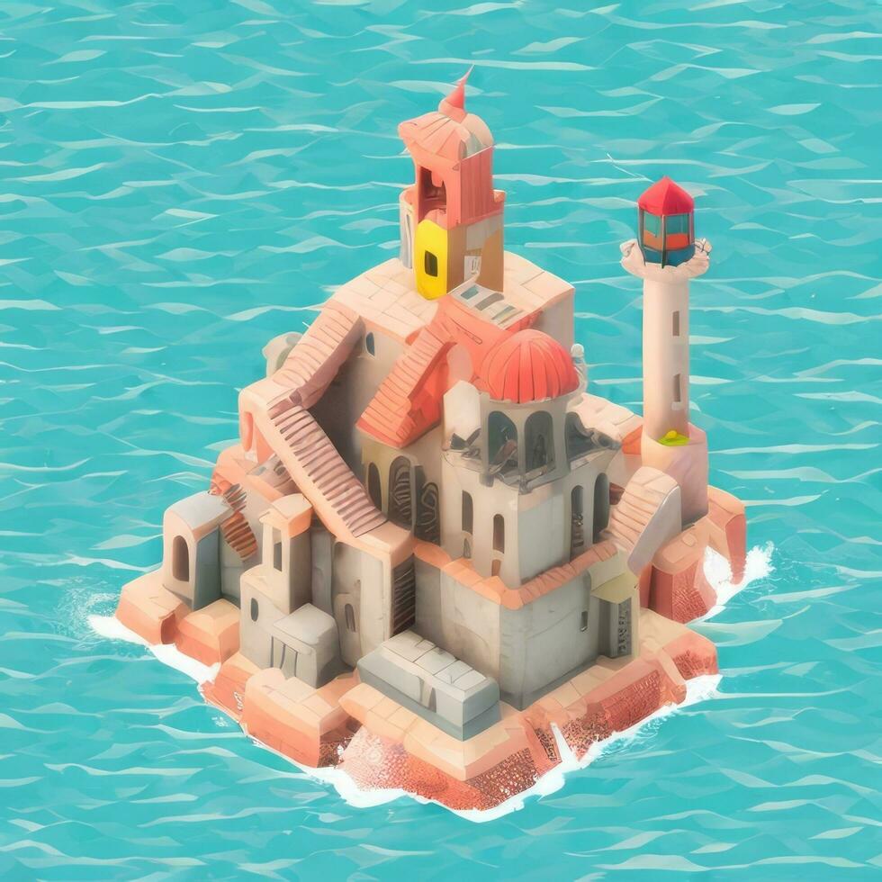 AI generated Isometric 3D Lighthouse Building in the Middle of Ocean Icon Clip Art Sticker Decoration Simple Background photo