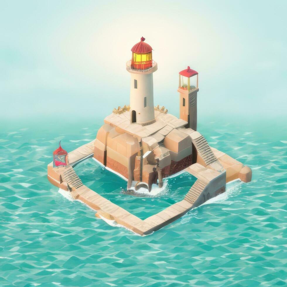 AI generated Isometric 3D Lighthouse Building in the Middle of Ocean Icon Clip Art Sticker Decoration Simple Background photo