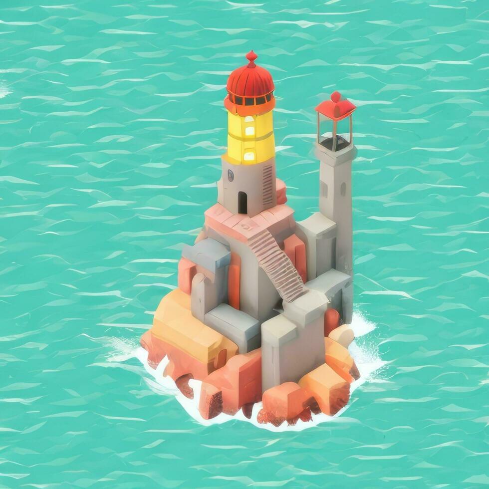 AI generated Isometric 3D Lighthouse Building in the Middle of Ocean Icon Clip Art Sticker Decoration Simple Background photo