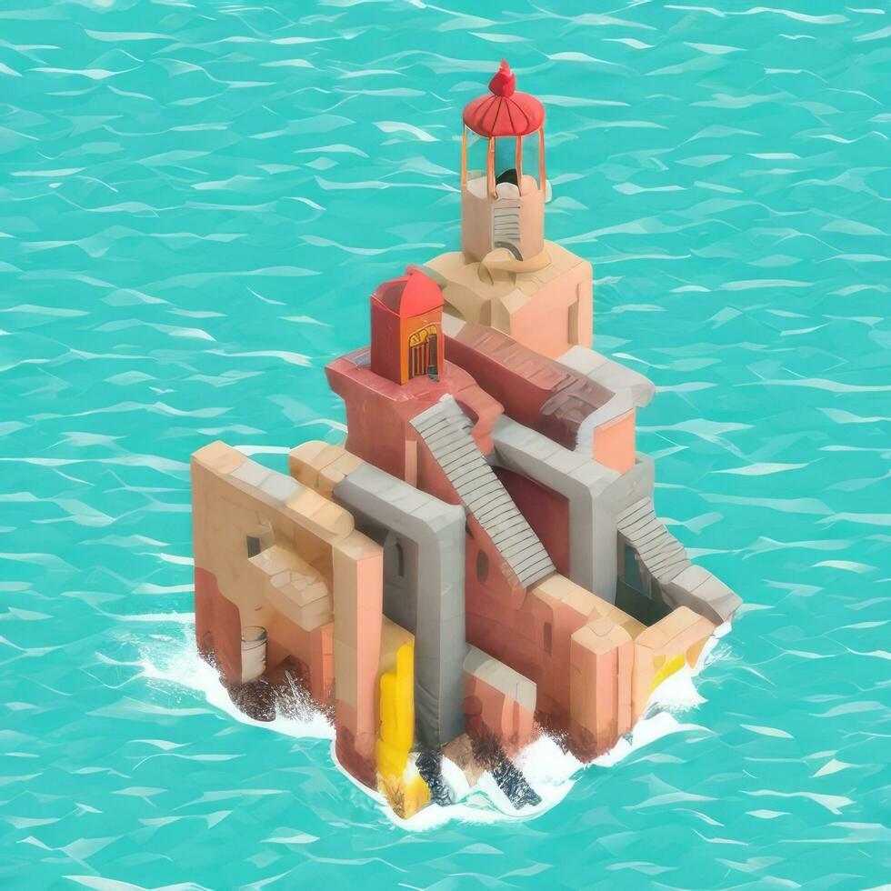 AI generated Isometric 3D Lighthouse Building in the Middle of Ocean Icon Clip Art Sticker Decoration Simple Background photo