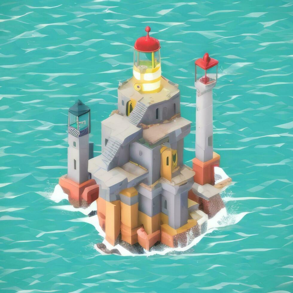 AI generated Isometric 3D Lighthouse Building in the Middle of Ocean Icon Clip Art Sticker Decoration Simple Background photo