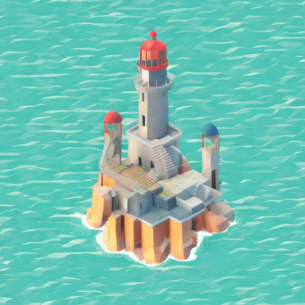 AI generated Isometric 3D Lighthouse Building in the Middle of Ocean Icon Clip Art Sticker Decoration Simple Background photo